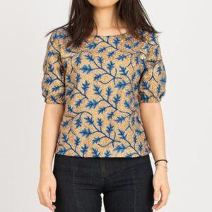 NEW Anthropologie The Odells Bianca Sequin Gold Blue Vine Embroidery Blouse - M